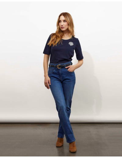 T-Shirt manches coude uni décoré MARINE Femme