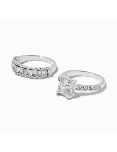 Bagues superposables coupe émeraude zircon cubique couleur argentée - Lot de 2