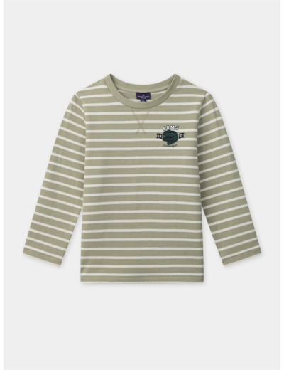 T-shirt vert pâle à rayures blanc et patch dinosaure en manches longues Garçon