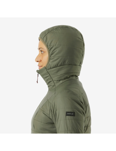 Doudoune de trek à capuche synthétique femme, MT100 khaki