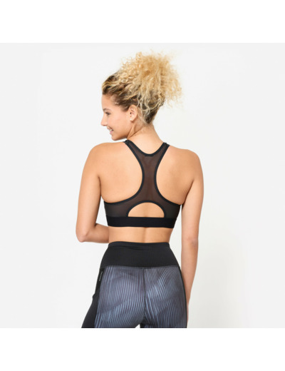 Brassière dos nageur avec coques maintien modéré Femme, Imprimé noir et gris