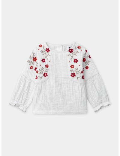 Blouse écru à broderie fleurs et manches longues Bébé Fille