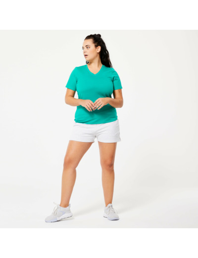 T-shirt col V fitness en coton femme, vert turquoise