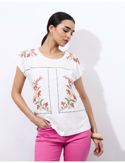 T-Shirt manches courtes 100% coton uni décoré ECRU Femme