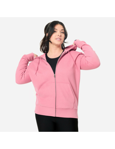 Sweat zippé fitness en molleton femme, vieux rose