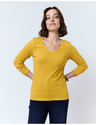 T-Shirt manches longues en mélange coton uni JAUNE Femme