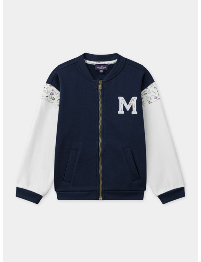 Sweat zippé bleu foncé et imprimé fleuri avec patch "M" à manches longues Fille