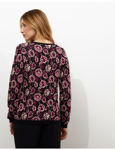 Pull fin Jacquard motif fleurs NOIR Femme