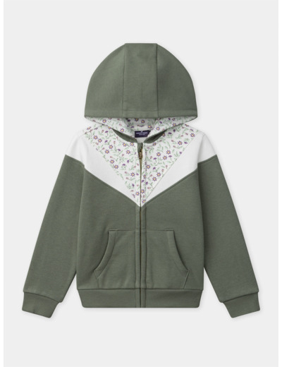 Sweat à capuche zippé vert kaki et imprimé fleuri à manches longues Fille