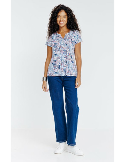 Tee-shirt imprimé patch col mao et plis