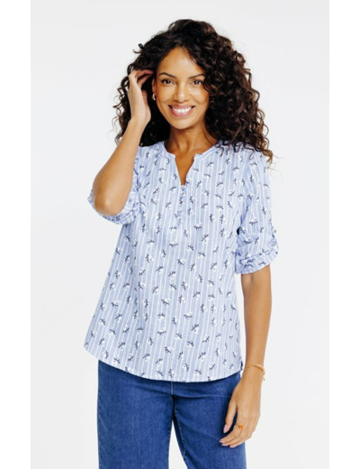 Tunique col mao rayée avec petite fleur