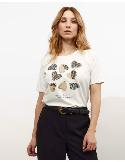 T-Shirt manches courtes imprimé placé BLANC Femme