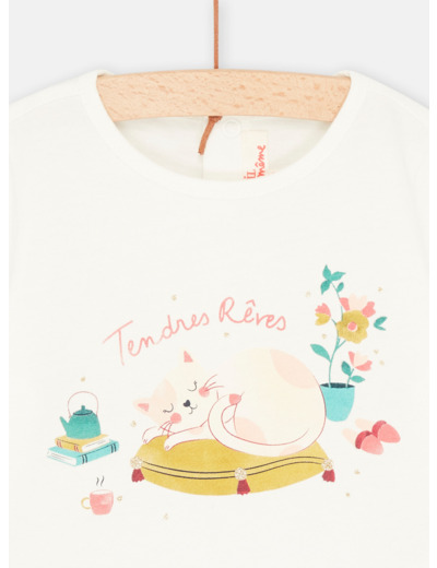 T-shirt écru à motif chat endormi pour bébé fille