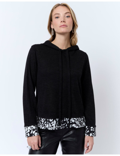 Top manches longues uni décoré NOIR Femme