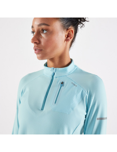T-shirt 1/2 zip manches longues de running Femme - KIPRUN Run 500 Warm Bleu ciel