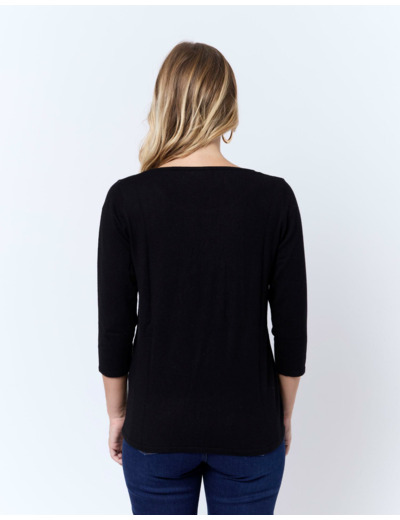Pull fin uni décoré NOIR Femme