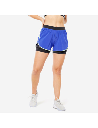 Short de fitness double couche femme, bleu électrique