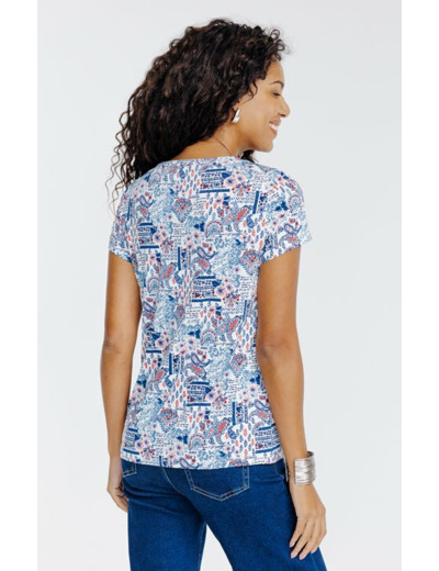 Tee-shirt imprimé patch col mao et plis