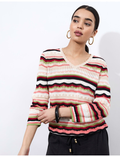 Pull fin en mélange coton rayé MULTICOLORE Femme