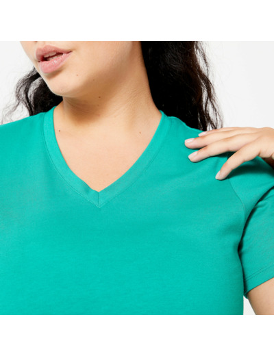 T-shirt col V fitness en coton femme, vert turquoise