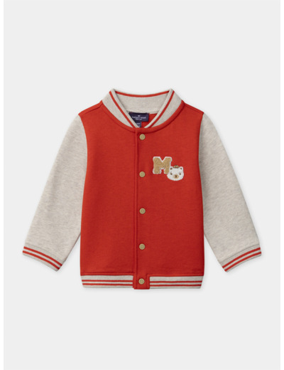 Veste Teddy rouge à broderie ourson et manches longues écrues Bébé Garçon
