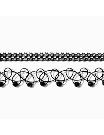Ras-de-cou perlés effet tatouage noir et strass noirs - Lot de 2