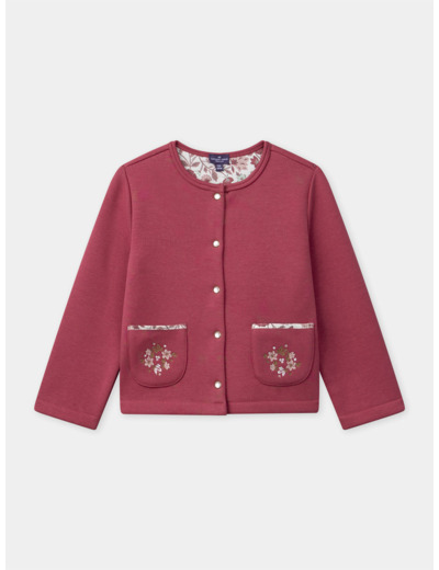 Cardigan rose framboise avec poches fleuries Fille