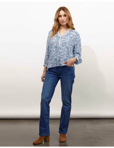 Blouse manches 3/4 imprimé à fleurs BLEU Femme