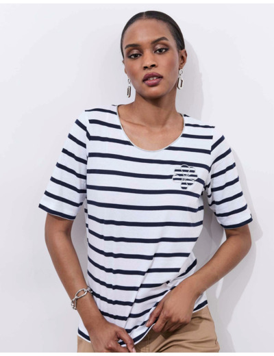 Tee-shirt marinière manches coude 100% coton rayée MARINE Femme