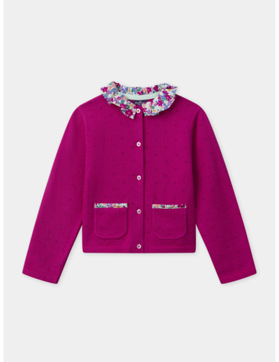 Cardigan rose fuschia à col fleuri Fille