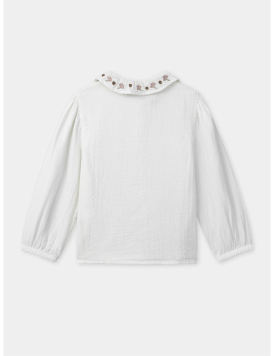 Blouse blanche à col brodés de fleurs et manches longues Fille