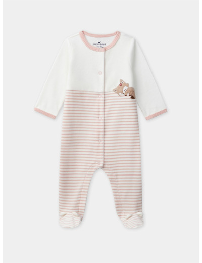 Grenouillère blanc uni et à rayures rose vec patch renard Bébé Fille