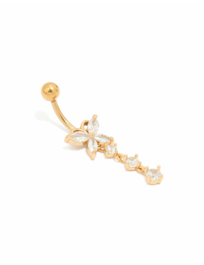 Gold Plated Titanium Cubic Zirconia Butterfly Drop Belly Bar
