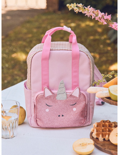 Sac à dos rose avec poche avant en tête de licorne paillettés Fille