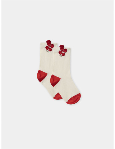 Chaussettes écrues et rouges à imprimé fleur Fille