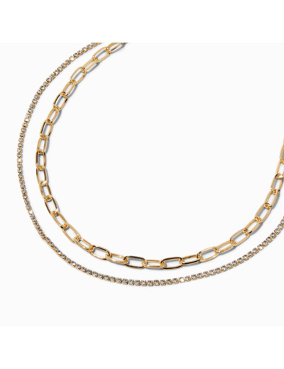 Collier multi-rangs avec strass et chaîne à maillons trombone couleur dorée